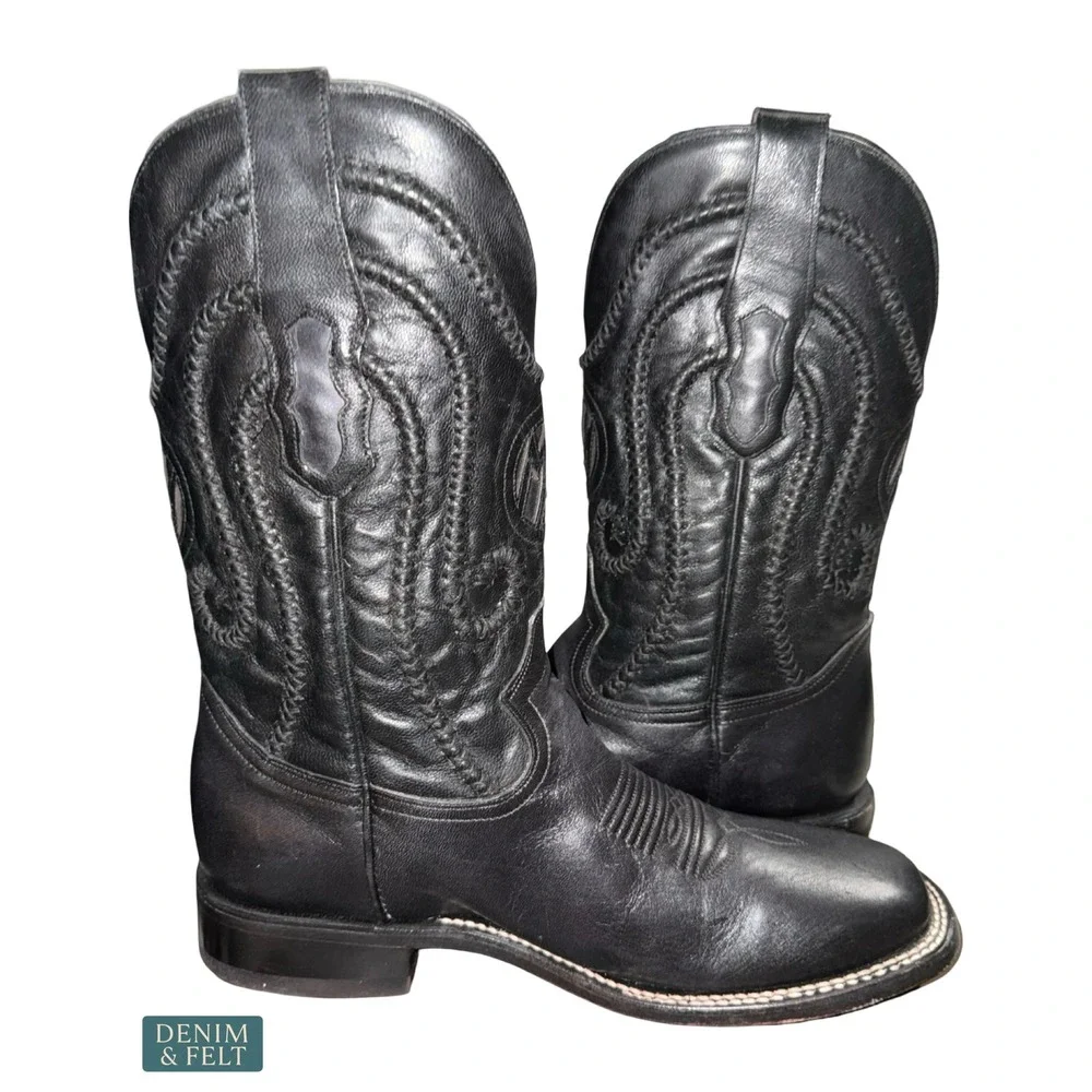 NEW Montana Black Leather Western Cowboy Boots Square Toe Ranch Rodeo US 9D Mens